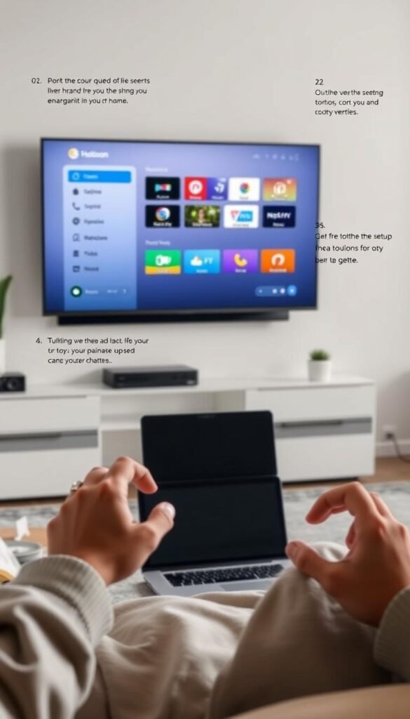 A detailed step-by-step tutorial on setting up the Hoxtoon Provider IPTV service. Prominently displayed is a modern smart TV screen showing the Hoxtoon interface, with clear icons and menus. In the foreground, hands are navigating the setup process, highlighting the intuitive user experience. The middle ground features a laptop or streaming device, conveying the flexibility of the Hoxtoon platform. The background depicts a cozy living room setting, with soft lighting and minimal decor, creating a relaxed, homely atmosphere. The overall scene exudes a sense of simplicity and ease, showcasing the seamless integration of Hoxtoon IPTV into the user's daily life.