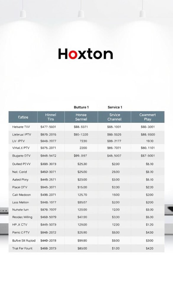 A detailed table displaying the Hoxtoon Provider's IPTV subscription plans and their respective prices, set against a modern, minimalist background. The table features clean, legible typography and is arranged in a visually appealing grid layout, highlighting the various service tiers, channel counts, and pricing options available to customers. The overall composition conveys a sense of professionalism and clarity, effectively communicating the comprehensive and flexible pricing structure of the Hoxtoon IPTV service.