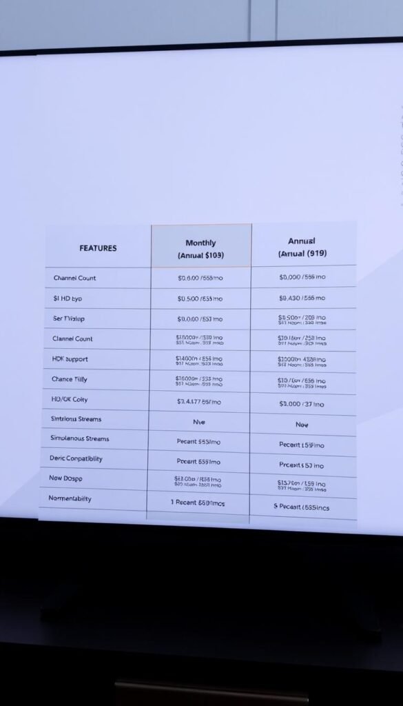 A detailed table showcasing the pricing plans and features of the "Hoxtoon Provider" IPTV service. In the foreground, a modern, minimalist design with a clean, white background. The table is displayed prominently, featuring distinct columns for plan names, monthly/annual costs, and a list of key features like channel count, HD/4K support, simultaneous streams, and device compatibility. The table is presented in a sleek, professional manner, with clear and easy-to-read typography. In the background, a subtle gradient or pattern adds depth and visual interest, without distracting from the main focus of the pricing information. The overall mood is one of clarity, simplicity, and value proposition, reflecting the key selling points of the Hoxtoon IPTV service.