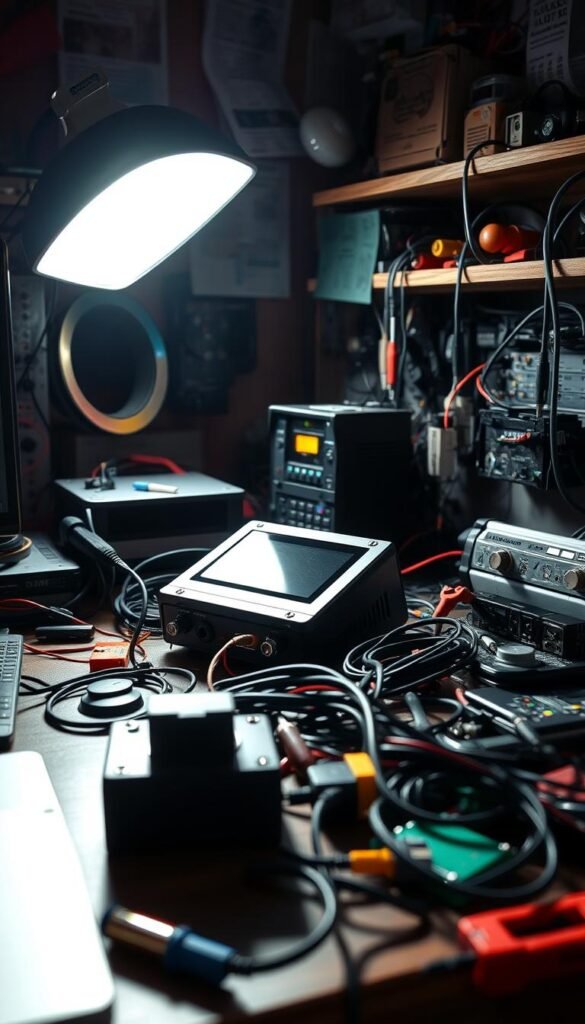 A detailed tech workspace with a Hoxtoon Provider mag box on a cluttered desk, surrounded by various cables, tools, and troubleshooting equipment. The lighting is bright and directional, casting dramatic shadows. The camera angle is slightly angled, giving a sense of depth and focus on the central mag box. The overall mood is one of problem-solving, with a hint of technical complexity and attention to detail.