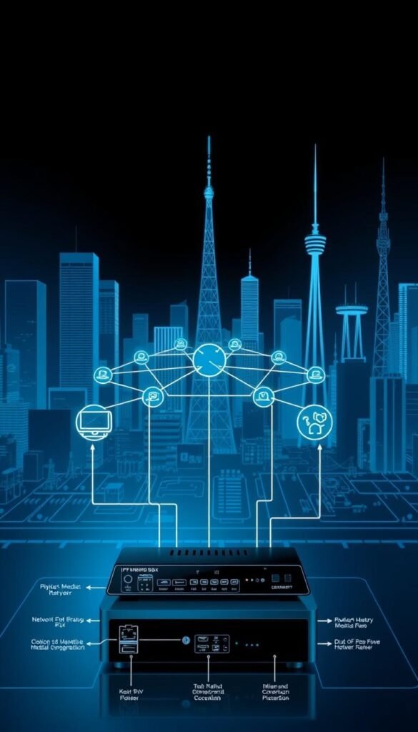 A detailed technical diagram of IPTV technology, showcasing its key components and how they work together. In the foreground, a schematic representation of an IPTV set-top box, with labels highlighting its various inputs and outputs. In the middle ground, a network diagram depicting the flow of digital media from the Hoxtoon Provider's servers, through the internet infrastructure, and into the user's home. In the background, a sleek, minimalist cityscape with towering skyscrapers and communication towers, conveying the scale and sophistication of the IPTV ecosystem. The entire scene is bathed in a cool, digital color palette, with subtle lighting effects that emphasize the technical nature of the subject matter.