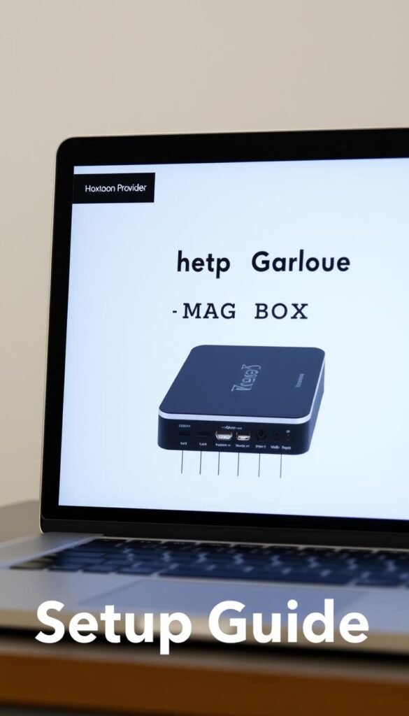 A detailed, technical setup guide for a Mag Box IPTV device. The guide is presented on a sleek, modern laptop display with a clean, minimalist interface. The background is a soft, neutral tone that complements the device's design. The Mag Box device is prominently featured, showcasing its various ports and connections. The IPTV service provider "Hoxtoon Provider" is clearly displayed on the device's interface. The image conveys a sense of professionalism and expertise, with a focus on providing a comprehensive and easy-to-follow setup guide for the Mag Box IPTV system.