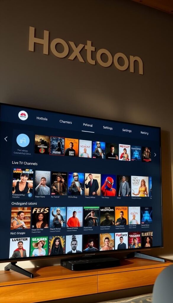 A detailed user interface for the Hoxtoon IPTV service, showcasing its modern and intuitive design. The interface is displayed on a large, high-resolution display, with a clean and uncluttered layout. The Hoxtoon Provider logo is prominently featured at the top, establishing the brand identity. The main menu options are arranged neatly across the top, allowing easy navigation between live TV channels, on-demand content, and settings. The content is presented in a grid-like layout, with high-quality thumbnails and detailed information about each title. Soft, natural lighting illuminates the scene, creating a warm and inviting atmosphere. The camera angle is slightly elevated, providing a comprehensive view of the interface and its various elements.