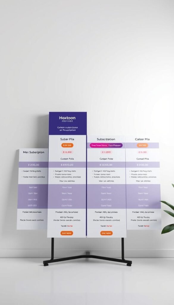 A detailed, visually striking subscription plan display for the Hoxtoon Provider IPTV service. Set against a clean, minimalist backdrop, the plan tiers are presented in a neatly organized grid, showcasing their features and pricing in a clear, easy-to-understand manner. The overall aesthetic is modern, professional, and inviting, with consistent use of the Hoxtoon brand's signature colors and design elements. Careful attention is paid to the lighting, which casts a soft, directional glow on the plan details, heightening the sense of clarity and premium quality. The composition is balanced, with the plans taking center stage and the background providing just the right amount of visual interest and context.
