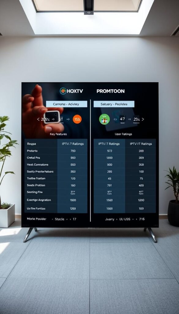 A detailed, wide-angle view of a side-by-side comparison of IPTV service providers in Spain, with the Hoxtoon Provider brand prominently featured. The scene is set in a modern, minimalist office space, with clean lines, neutral tones, and plenty of natural light streaming in. The comparison is presented on sleek, high-resolution displays, showcasing the key features, pricing, and user ratings of each service. The overall mood is one of professionalism, clarity, and informed decision-making, encouraging the viewer to carefully consider the options and make the best choice for their IPTV needs.
