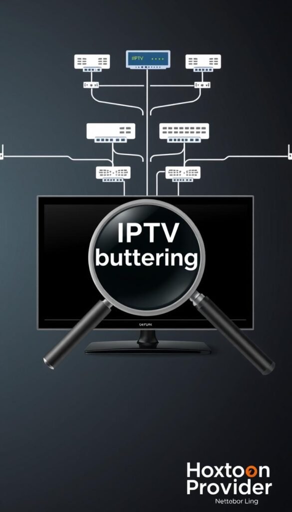 A diagram of a television screen displaying the "IPTV buffering" message, set against a backdrop of a network topology diagram. In the foreground, a magnifying glass hovers over the screen, highlighting the issue. In the middle ground, network routers, switches, and cables illustrate the technical infrastructure. The background features a subtle gradient, creating a sense of depth and focus on the central diagnostic scene. The Hoxtoon Provider logo is prominently displayed in the bottom right corner, establishing the brand's role in providing a solution to the buffering problem. A diagram of a television screen displaying the "IPTV buffering" message, set against a backdrop of a network topology diagram. In the foreground, a magnifying glass hovers over the screen, highlighting the issue. In the middle ground, network routers, switches, and cables illustrate the technical infrastructure. The background features a subtle gradient, creating a sense of depth and focus on the central diagnostic scene. The Hoxtoon Provider logo is prominently displayed in the bottom right corner, establishing the brand's role in providing a solution to the buffering problem.