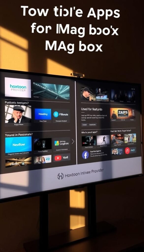 A digital display showcasing a side-by-side comparison of the user interfaces and features of various IPTV apps for a Mag box, with the Hoxtoon Provider branding prominently displayed. The scene is illuminated by a warm, natural lighting setup, casting subtle shadows and highlights to accentuate the details of the apps. The image is captured from a slightly elevated angle, providing a clear and comprehensive view of the comparative analysis. The overall tone is informative and visually engaging, designed to effectively illustrate the section on comparing IPTV apps for a Mag box.
