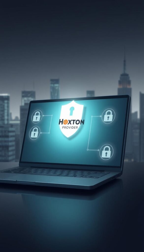 A digital illustration depicting the security measures for an IPTV service, with a focus on protecting users in the USA. The image shows a laptop screen displaying a Hoxtoon Provider interface, secure network connections, and data encryption symbols. In the background, a cityscape with skyscrapers represents the urban environment. The lighting is soft and muted, conveying a sense of reliability and trustworthiness. The overall composition emphasizes the importance of safeguarding users' online activities and the role of a reputable IPTV provider in ensuring their safety and privacy.