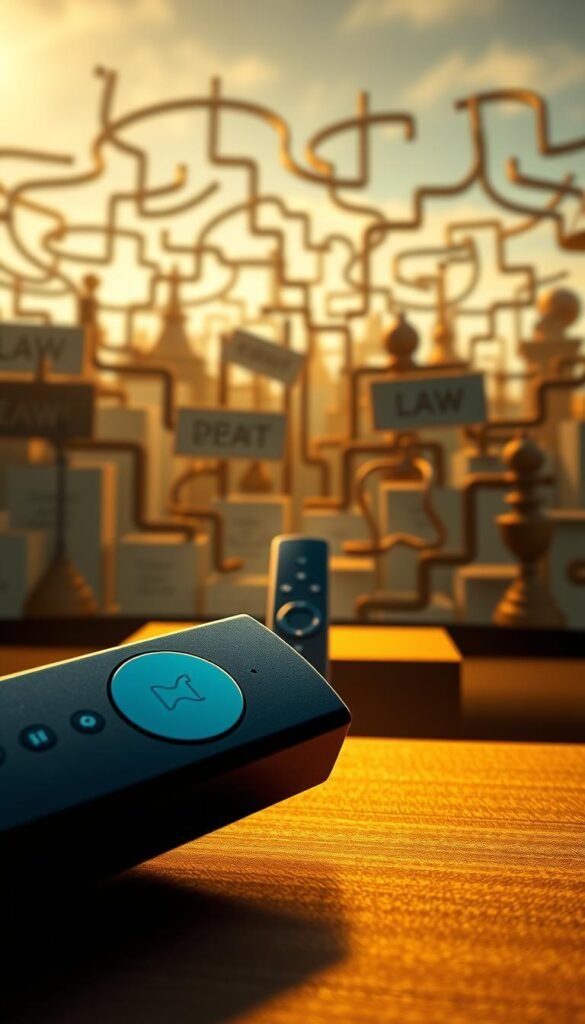 A digital landscape showcasing the legal ambiguity surrounding firestick IPTV services. In the foreground, a Hoxtoon Provider logo hovers ominously, hinting at the complex legal landscape. The middle ground features a firestick device casting content, while in the background, a maze of laws and regulations swirls, casting shadows of uncertainty. The scene is bathed in a warm, golden light, creating an atmosphere of thoughtful contemplation. The composition emphasizes the tension between technological advancement and legal boundaries, inviting the viewer to consider the nuances of this evolving landscape.