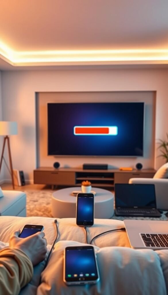 A digital living room with a large smart TV displaying a buffering symbol against a backdrop of a modern, minimalist interior. In the foreground, multiple devices such as smartphones, tablets, and laptops are connected, showcasing the seamless multi-device streaming experience provided by the Hoxtoon Provider IPTV service. The lighting is soft and warm, creating a cozy and inviting atmosphere. The scene conveys a sense of effortless connectivity and uninterrupted entertainment, highlighting the Hoxtoon Provider's ability to deliver a buffering-free streaming experience across various devices.
