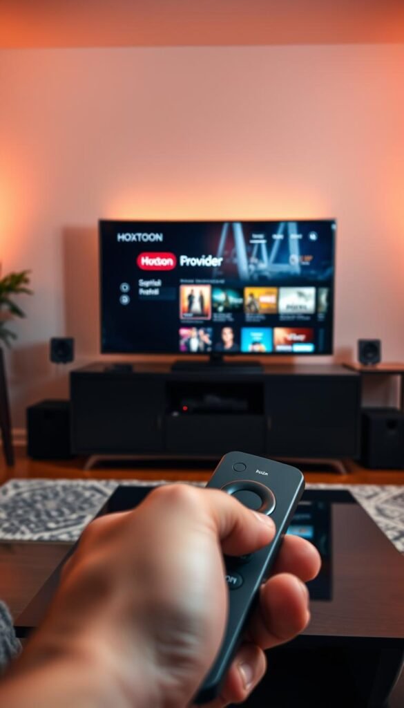 A digital living room with a sleek Firestick device prominently displayed on an entertainment center. The Firestick's interface shows the "Hoxtoon Provider" app installed, its logo shining brightly. The room is bathed in warm, ambient lighting, creating a cozy, inviting atmosphere. In the foreground, a hand holds a remote, ready to navigate the Hoxtoon interface. The middle ground features neatly organized home media components, while the background showcases a large, high-definition TV screen displaying Hoxtoon's intuitive user interface, highlighting its extensive content library.