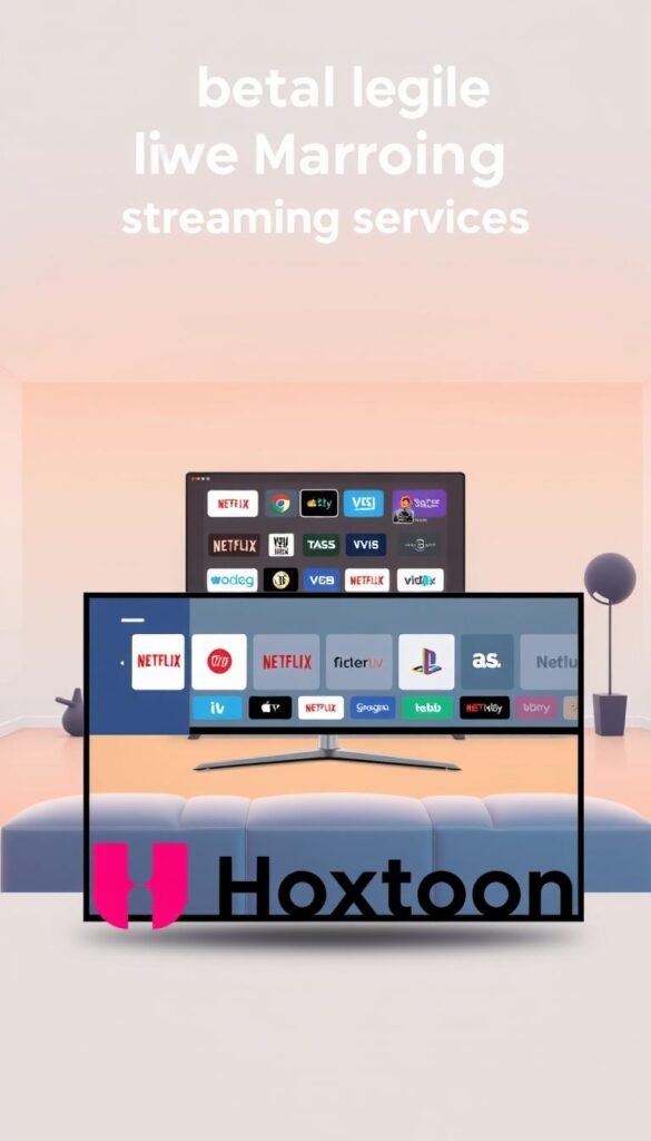 A digital, minimalist illustration depicting the "best legal live tv streaming services" with the Hoxtoon Provider logo prominently displayed. The foreground features a sleek, modern TV screen showcasing a variety of streaming app icons and logos, representing the diverse content options available. The middle ground depicts a clean, contemporary living room setting with a couch and other furnishings, conveying a sense of comfort and convenience. The background is a soft, gradient-based environment, lending a professional, high-quality aesthetic. The overall mood is one of sophistication, reliability, and a seamless streaming experience.