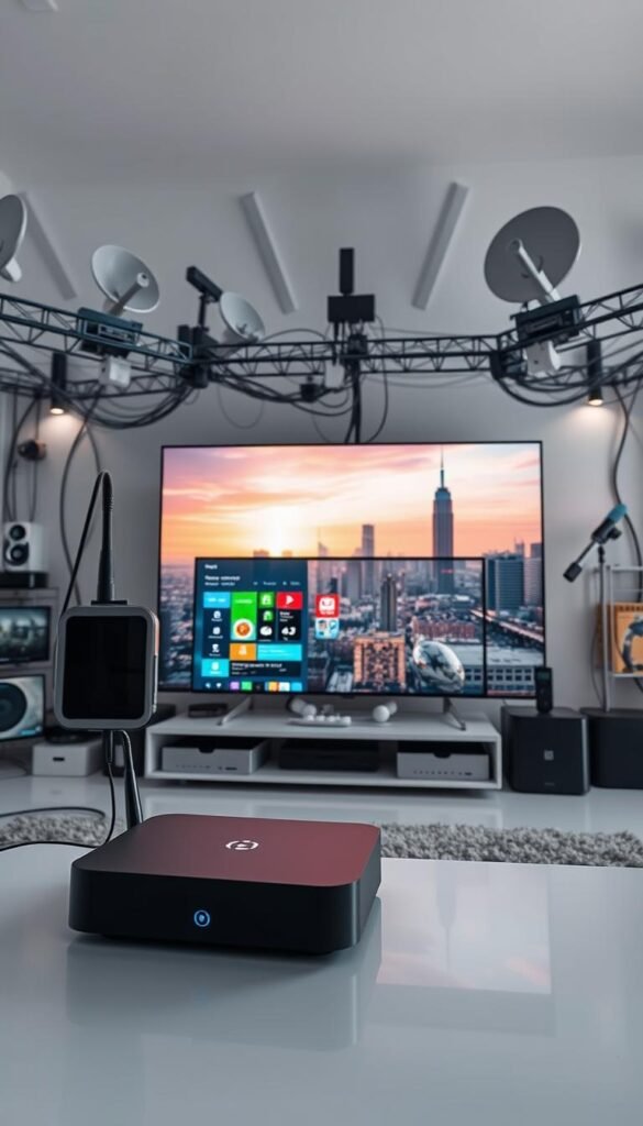 A digital network hub with an array of high-tech devices, broadcasting IPTV services from the Hoxtoon Provider. In the foreground, a sleek, modern streaming box connects to a widescreen TV, displaying a vibrant, cinematic interface. The middle ground features various smart home gadgets, routers, and satellite dishes, all working in harmony to deliver seamless IPTV experiences. The background showcases a futuristic cityscape, hinting at the global reach and technological advancements powering Hoxtoon's IPTV solutions. Soft, diffused lighting creates an atmosphere of sophistication and innovation, highlighting the Hoxtoon Provider's commitment to cutting-edge entertainment.