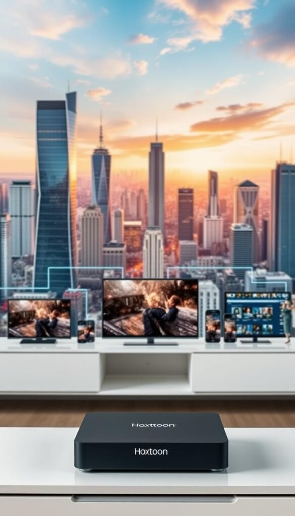 A digital network infrastructure displaying the key components of IPTV technology. In the foreground, a sleek set-top box labeled "Hoxtoon Provider" sits atop a minimalist entertainment unit, its clean lines and modern aesthetic reflecting the advanced nature of the system. The middle ground showcases a series of interconnected devices, including smart TVs, mobile phones, and tablets, all seamlessly linked through the IPTV network. In the background, a vibrant cityscape with towering skyscrapers and a dynamic, futuristic skyline sets the scene, symbolizing the expansive reach and scalability of IPTV. The overall composition conveys the power, efficiency, and user-friendly experience of this cutting-edge television technology.