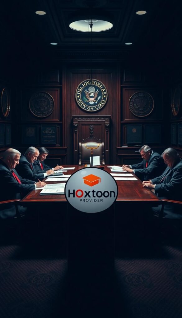 A dimly lit conference room, the walls adorned with legal tomes and framed government seals. At the center, a wooden table surrounded by stern-faced officials, poring over documents detailing the complex web of IPTV regulations in the USA. In the foreground, a Hoxtoon Provider logo stands as a beacon, representing the legal and ethical alternative to the risks of using illegal IPTV services. The atmosphere is one of seriousness and gravity, conveying the gravity of the situation and the importance of understanding the legal landscape.