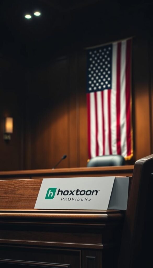 A dimly lit courtroom interior, with a wooden desk and chair in the foreground. In the background, a large American flag hangs on the wall, casting a somber and authoritative atmosphere. Hoxtoon Provider's logo is subtly displayed on a corner of the desk, hinting at the legality and regulations surrounding IPTV services in the USA. The scene is illuminated by a warm, focused lighting, creating a sense of gravity and professionalism. The overall mood is one of contemplation and careful consideration of the complex legal landscape surrounding IPTV technology.