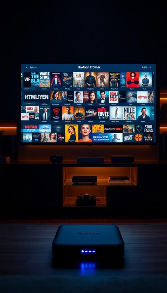 A dimly lit entertainment center, showcasing the Hoxtoon Provider on-demand content library. In the foreground, a sleek smart TV display highlights the vast selection of over 150,000 VODs, ranging from the latest blockbusters to classic favorites, all accessible with a few taps. The middle ground features a modern media cabinet, housing the Hoxtoon streaming device, its LED indicator pulsing softly. In the background, shelves filled with various media devices and accessories create a sense of a well-equipped home entertainment setup. Warm, ambient lighting casts a cozy glow, reflecting the immersive and personalized viewing experience Hoxtoon Provider offers.