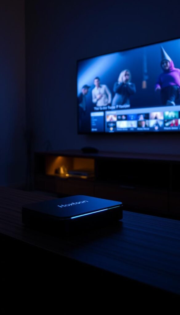 A dimly lit home entertainment setup, with a sleek IPTV streaming device prominently displayed on a wooden media console. The device's illuminated interface projects a crisp, high-definition image onto a large, wall-mounted television screen. Subtle ambient lighting creates a cozy, immersive atmosphere, while the Hoxtoon Provider logo subtly adorns the device, signifying the high-quality IPTV service powering the seamless streaming experience.