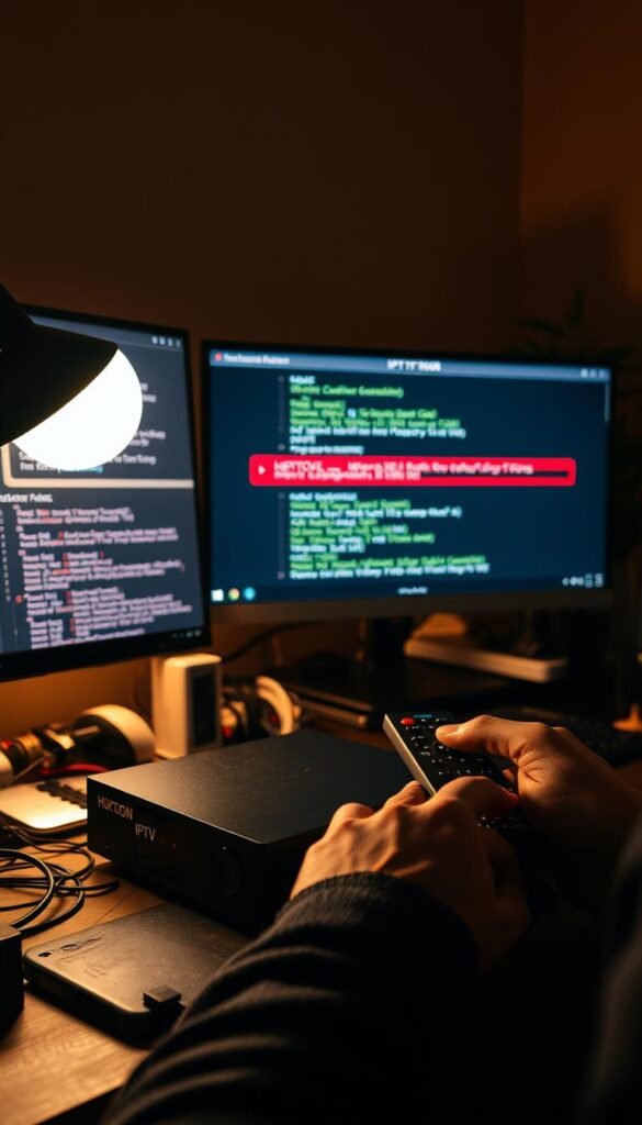 A dimly lit home office, with a Hoxtoon Provider IPTV box sitting on a cluttered desk. The user's hands are visible, grasping a remote control, as they troubleshoot the device. Behind them, a computer monitor displays error messages and network diagnostics. The room is bathed in a warm, amber light, creating a contemplative atmosphere. The composition emphasizes the user's focus and problem-solving efforts, showcasing the challenges of maintaining a reliable IPTV service.