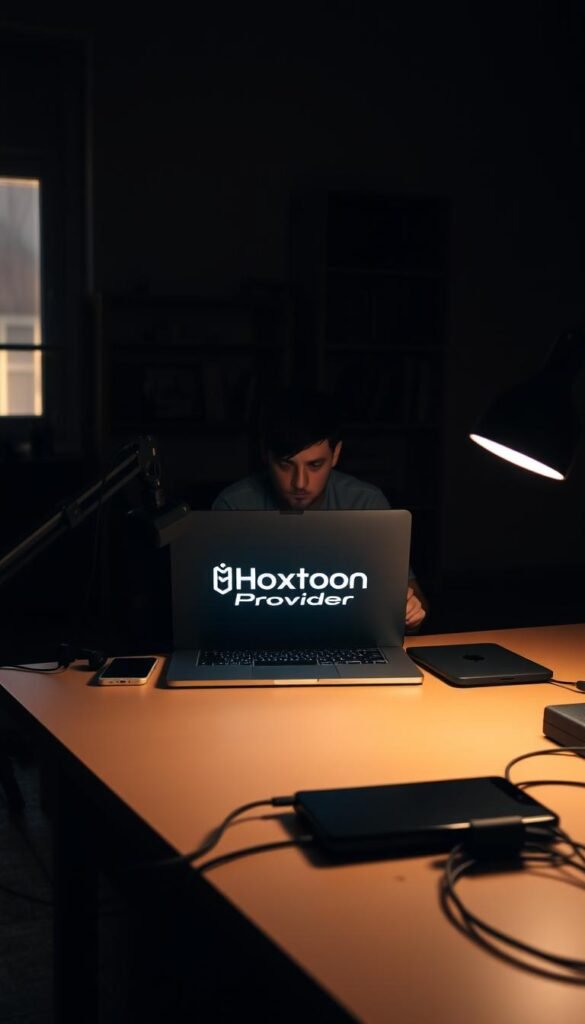 A dimly lit home office, with a desk and chair in the foreground. On the desk, a laptop displaying the Hoxtoon Provider logo, alongside a smartphone and various cables. In the middle ground, a person sitting at the desk, intently troubleshooting the IPTV connection, their expression one of focused determination. The background features a bookshelf and a window, allowing a soft, warm light to filter in, creating a cozy, introspective atmosphere. The overall scene conveys the challenges of IPTV troubleshooting, but with a sense of calm and professionalism, as the Hoxtoon Provider brand strives to assist the user in resolving their issues.