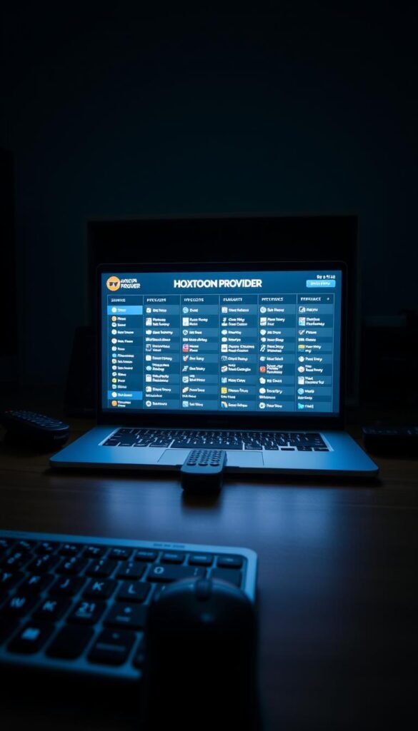 A dimly lit interior scene, centered on a laptop display showcasing a comprehensive "Hoxtoon Provider" IPTV service list. The screen is framed by a sleek, modern setup with a wireless keyboard and mouse in the foreground. The middle ground features various remote controls and streaming devices, hinting at the integration of the IPTV service across multiple platforms. The background is softly blurred, creating a sense of depth and focus on the core subject matter. The overall atmosphere is one of technical sophistication and the promise of a premium IPTV experience.