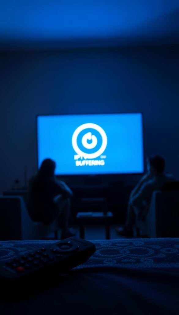 A dimly lit living room, the TV screen flickering with the dreaded "IPTV Buffering" icon. Frustrated viewers sit motionless, their eyes fixed on the endlessly spinning circle, their patience wearing thin. The room is bathed in a soft, bluish glow, creating an atmosphere of tension and disappointment. In the foreground, a Hoxtoon Provider remote lies abandoned, a symbol of the broken promise of seamless streaming. The background fades into a hazy, indistinct blur, emphasizing the singular focus on the buffering issue at hand.