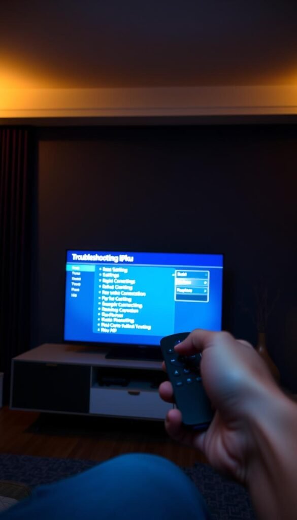 A dimly lit living room with a Roku TV prominently displayed on a modern entertainment center. On the screen, a troubleshooting interface for the Hoxtoon Provider IPTV service is visible, showcasing various settings and connection options. The room is bathed in a warm, ambient lighting, creating a cozy atmosphere. In the foreground, a human hand hovers over the Roku remote, ready to navigate the troubleshooting options. The composition is framed from a slightly elevated angle, giving a sense of authority and problem-solving. The overall scene conveys a sense of focus and determination to resolve the IPTV issues on the Roku TV.