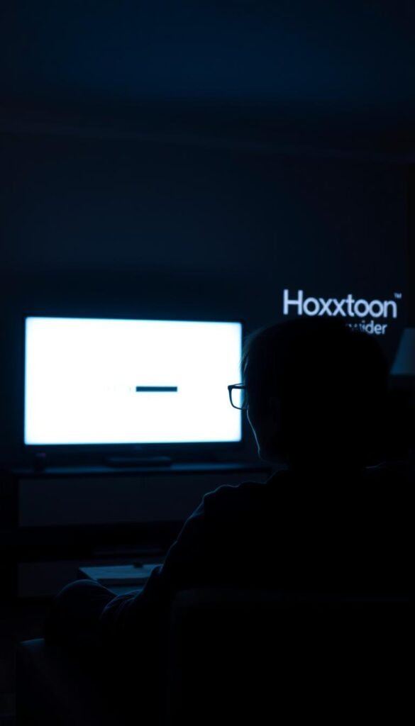 A dimly lit living room with a person sitting on a couch, their face illuminated by the glow of a television screen. The TV displays a buffering icon, symbolizing the frustration of an IPTV service interruption. In the background, a Hoxtoon Provider logo is prominently displayed, suggesting a solution to the problem. The scene is captured with a moody, cinematic lighting setup, using a wide-angle lens to emphasize the sense of isolation and discomfort caused by the buffering issue.