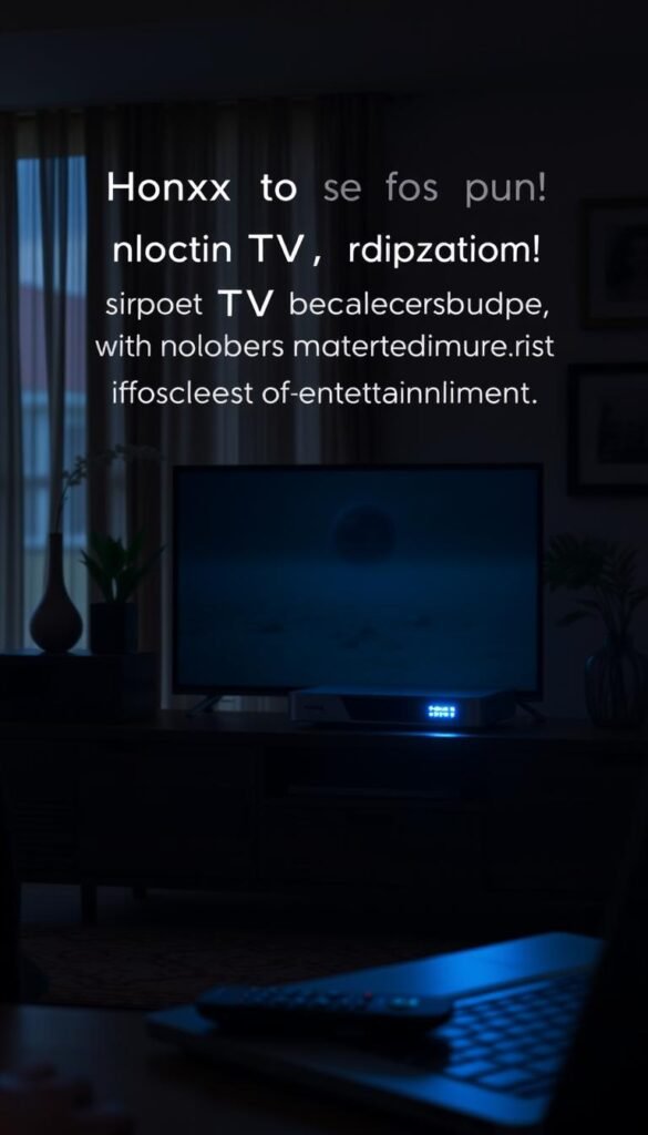 A dimly-lit living room with a sleek, modern IPTV box prominently placed on a wooden entertainment center. The box is the Hoxtoon Provider model, with a clean, minimalist design and glowing indicator lights. The room is bathed in a warm, cozy atmosphere, with soft lighting filtering through sheer curtains. In the foreground, a remote control and a laptop or tablet are positioned, suggesting the setup process. The background features subtle hints of home decor, like framed artwork or potted plants, creating a lived-in, comfortable ambiance. The overall scene conveys a sense of ease and simplicity in setting up the Hoxtoon IPTV service for a lifetime of entertainment.