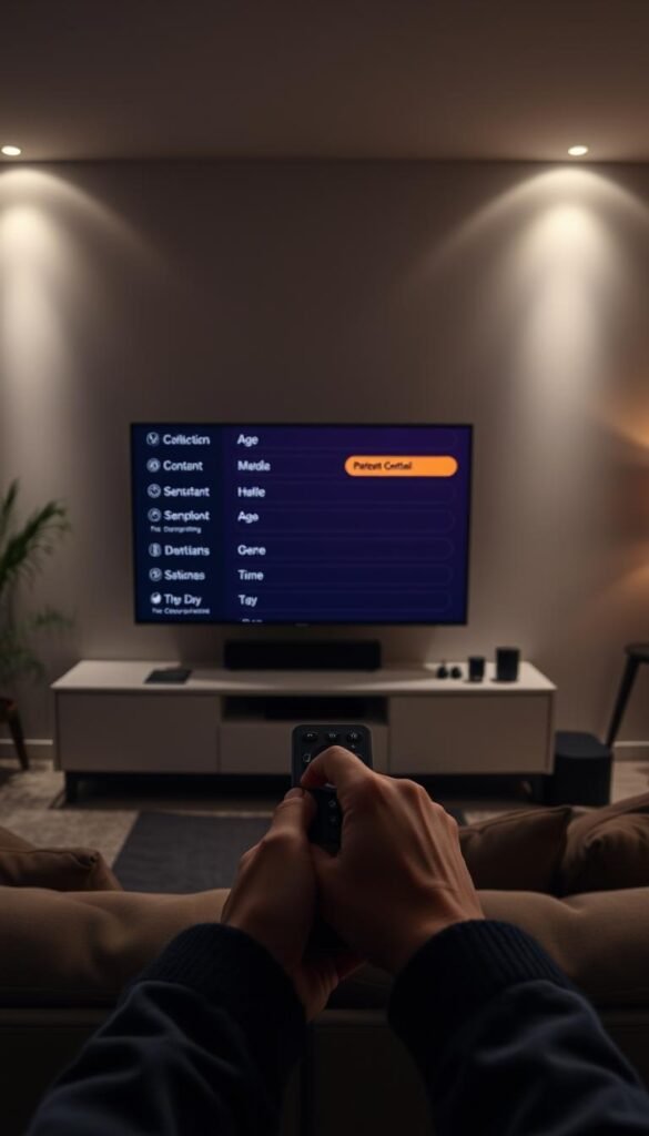 A dimly lit living room with a sleek, modern entertainment center showcasing the Hoxtoon Provider IPTV interface. The screen displays a comprehensive parental control menu, with options to restrict content by age, genre, and time of day. In the foreground, a parent's hand hovers over the remote, carefully navigating the intuitive settings. The middle ground features a plush sofa and minimalist decor, creating a comfortable, tech-savvy atmosphere. The background is softly illuminated, with subtle lighting accents highlighting the premium quality of the IPTV system.