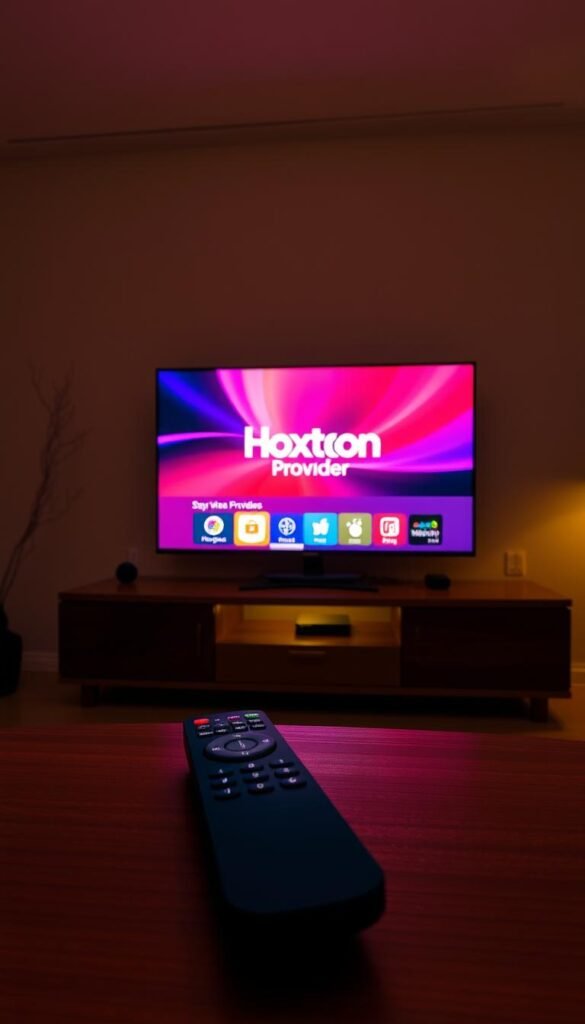 A dimly lit living room with a sleek modern television displaying a vibrant Hoxtoon Provider interface. The television is surrounded by a minimalist entertainment system, with clean lines and subtle textures. The room is bathed in a warm, ambient glow, creating a cozy and inviting atmosphere. In the foreground, a wireless remote control rests on a low, wooden coffee table, hinting at the seamless interaction between the user and the Hoxtoon Provider service. The overall scene conveys a sense of security and comfort, with the Hoxtoon Provider logo prominently featured on the television screen, signifying a reliable and trustworthy IPTV experience.