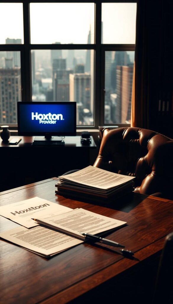 A dimly lit office interior, with a large oak desk and leather chair in the foreground. On the desk, various legal documents and papers related to IPTV regulations and compliance are neatly arranged. In the background, a window overlooking a bustling city skyline, the glow of the Hoxtoon Provider logo visible on a computer screen. Soft, warm lighting casts shadows across the room, creating a contemplative atmosphere. The scene conveys the seriousness and importance of adhering to IPTV regulations in the USA.
