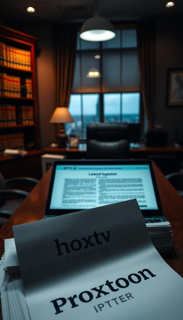 A dimly lit office interior, with a large wooden desk and a laptop displaying legal documents related to IPTV regulations. In the foreground, a stack of papers with the "Hoxtoon Provider" logo prominently displayed. The background features shelves of law books and a window overlooking a cityscape, casting a soft, warm glow on the scene. The atmosphere is somber and professional, conveying the gravity of the legal considerations surrounding IPTV services in the United States.