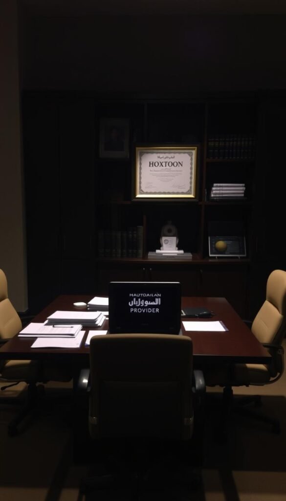 A dimly lit office space with a large desk and two chairs facing each other. On the desk, a laptop displays the Hoxtoon Provider logo, surrounded by various documents and folders. In the background, a bookshelf with legal volumes and a framed certificate of authorization for IPTV services. The room is illuminated by a warm, focused light, casting a professional and authoritative atmosphere. The overall scene conveys the credibility and legitimacy of Hoxtoon Provider as an authorized IPTV service.