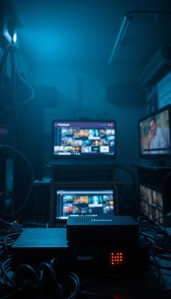 A dimly lit room, filled with the soft glow of various screens and devices. In the foreground, a sleek black box labeled "Hoxtoon Provider" sits prominently, its LED indicators pulsing with activity. Surrounding it, a tangle of cables and wires, symbolizing the complex infrastructure that powers modern IPTV services. In the middle ground, a laptop display showcases a user interface, navigating through a vast array of channels and on-demand content, representing the diverse offerings of IPTV. The background is shrouded in shadows, suggesting the ever-evolving technological landscape that IPTV providers must navigate to deliver seamless, cutting-edge experiences. The overall atmosphere is one of innovation and progress, with the Hoxtoon Provider taking center stage as a reliable and advanced IPTV solution in the United States.