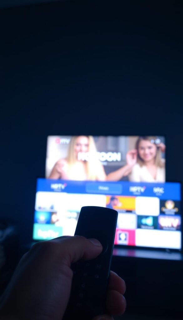 A dimly lit room, the Firestick remote in hand, the user's fingers deftly navigating the on-screen menus. In the foreground, the Hoxtoon Provider logo shines brightly, hinting at the wealth of IPTV content to be explored. The middle ground showcases the Firestick device, its sleek, unobtrusive design complementing the modern home entertainment setup. In the background, a soft glow emanates from the television screen, inviting the viewer to immerse themselves in the boundless world of streaming. The atmosphere is one of anticipation and discovery, as the user prepares to unlock the full potential of their Firestick with the help of the Hoxtoon Provider IPTV service.
