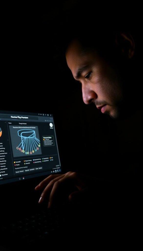 A dimly lit room, the glow of a computer screen casting a soft light on the face of a person intently focused on troubleshooting their Hoxtoon Provider IPTV service using the Dream Player Premium app. The user's brow is furrowed in concentration, their fingers dancing across the keyboard as they navigate the app's settings and menus, searching for a solution to the issue at hand. In the background, a network diagram and technical documentation are visible, hinting at the complexity of the task. The atmosphere is one of problem-solving, with a sense of determination and perseverance evident in the user's expression. The lighting is subdued, creating a moody and contemplative mood, emphasizing the seriousness of the task at hand.