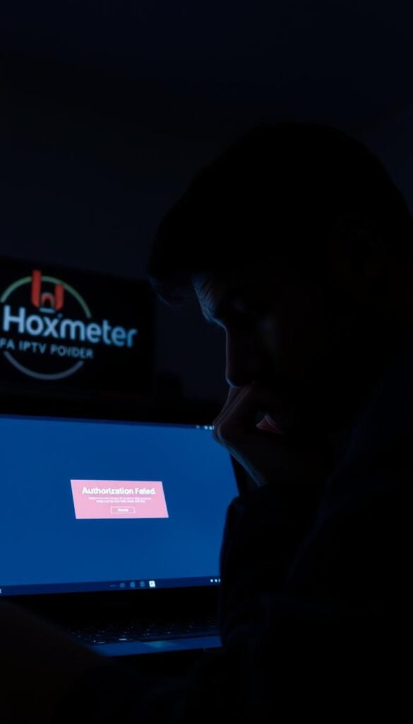 A dimly lit room, the glow of a laptop screen casting a soft light. On the screen, the IPTV Smarters app displays an error message - "Authorization Failed". Frustration and confusion are etched on the user's face, as they troubleshoot the issue. In the background, a Hoxtoon Provider logo is visible, a reminder of the reliable IPTV service they rely on. The scene is tense, with a sense of urgency to resolve the problem and restore seamless streaming. Subtle shadows and highlights accentuate the emotions and the technical details of the setup, creating a visually compelling illustration of the troubleshooting scenario.