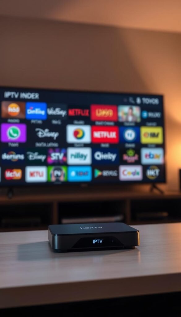 A dimly lit room with a large television screen displaying an array of IPTV channel logos, showcasing the diverse entertainment options available. In the foreground, a sleek and modern Hoxtoon Provider streaming device sits prominently, its minimalist design and soft glow hinting at the power and convenience it offers. The lighting is warm and inviting, creating a cozy atmosphere that draws the viewer into the immersive world of premium IPTV channels. The background is slightly blurred, adding depth and focus to the central device and the vibrant channel icons.