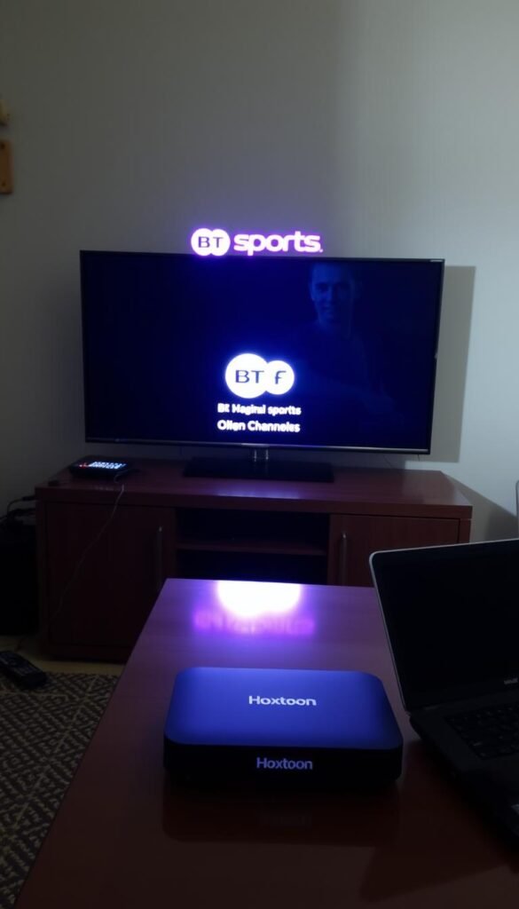 A dimly lit room with a modern television displaying the "BT Sports" logo, but the channels are missing. On the table in front of the TV, a sleek, black streaming device labeled "Hoxtoon Provider" sits prominently, hinting at a solution to the problem. The room is slightly cluttered, with a few scattered remote controls and a laptop open on the side, suggesting the user's frustration with the missing sports channels. The overall atmosphere is one of confusion and disappointment, contrasted by the promise of the Hoxtoon Provider device to resolve the issue.
