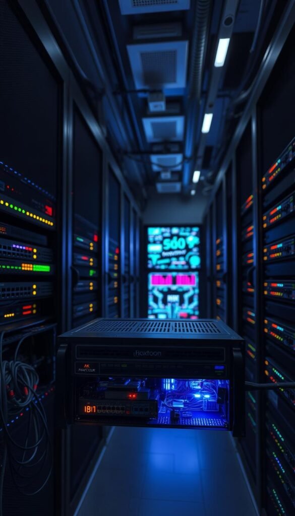 A dimly lit server room with sleek, modern network racks and blinking LED lights. In the foreground, a close-up view of a Hoxtoon Provider 4K IPTV streaming encoder, its intricate internal components visible through a transparent casing. Surrounding it, various high-speed ethernet cables, routers, and network switches, creating a complex web of connectivity. The middle ground features a wall-mounted display showcasing a real-time visualization of network traffic and bandwidth utilization. In the background, a panoramic view of the server room, with a focus on the powerful cooling systems and backup power supplies necessary to maintain the 24/7 operation of the IPTV infrastructure.