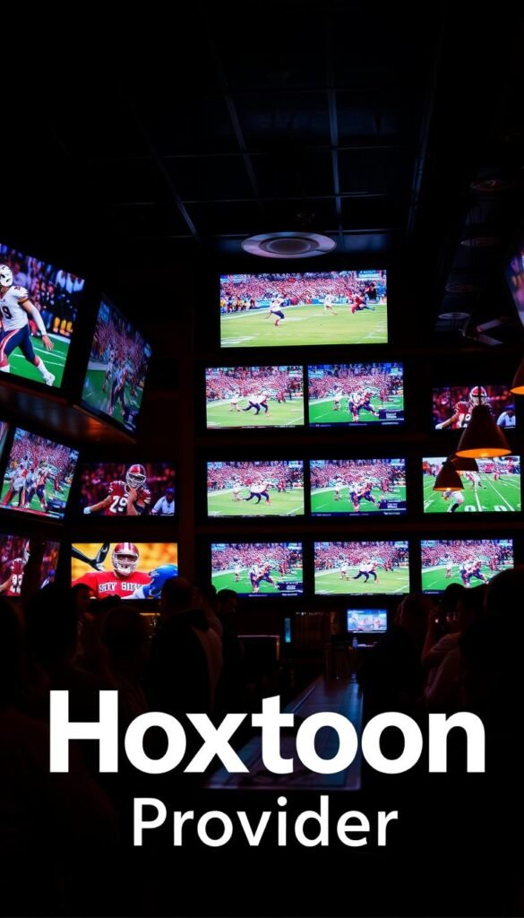 A dimly lit sports bar, the warm glow of numerous TVs illuminating the scene. On the screens, a diverse array of American sports - football, basketball, baseball, and more - captivating the attention of the patrons. In the foreground, a prominently displayed "Hoxtoon Provider" logo, signifying the high-quality IPTV service delivering this comprehensive sports coverage. The atmosphere is one of excitement and camaraderie, with fans cheering and celebrating the action unfolding before them. The camera angle is slightly elevated, giving a panoramic view of the lively establishment, showcasing the immersive sports viewing experience offered by Hoxtoon.
