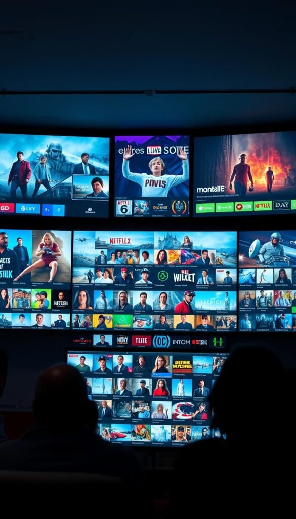 A diverse array of 4K IPTV content displayed across large, high-resolution screens. In the foreground, various genre icons represent the depth and breadth of entertainment options, including movies, TV shows, live sports, and premium channels. The middle ground showcases a collage of thumbnail images, hinting at the vast video-on-demand library available through the Hoxtoon Provider platform. In the background, a sleek, minimalist interface with clean typography and dynamic visualizations conveys the advanced technology powering this expansive content ecosystem. Soft, directional lighting enhances the sense of depth and professionalism, while a cool color palette suggests a refined, cutting-edge aesthetic.