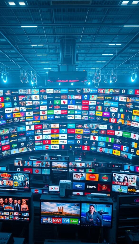 A dynamic and diverse collection of IPTV channels in the USA, showcasing Hoxtoon Provider's expansive library. A sprawling digital landscape with hundreds of live channels, from news and sports to entertainment and niche content, all displayed on a sleek, modern interface. The foreground features a selection of the most popular channels, while the middle ground reveals a vast array of options across different genres and categories. In the background, a network of servers and technology infrastructure powers this comprehensive IPTV service, offering viewers an unparalleled viewing experience. Capture the energy and excitement of this Hoxtoon Provider's IPTV channel lineup with a cinematic, high-definition visual.