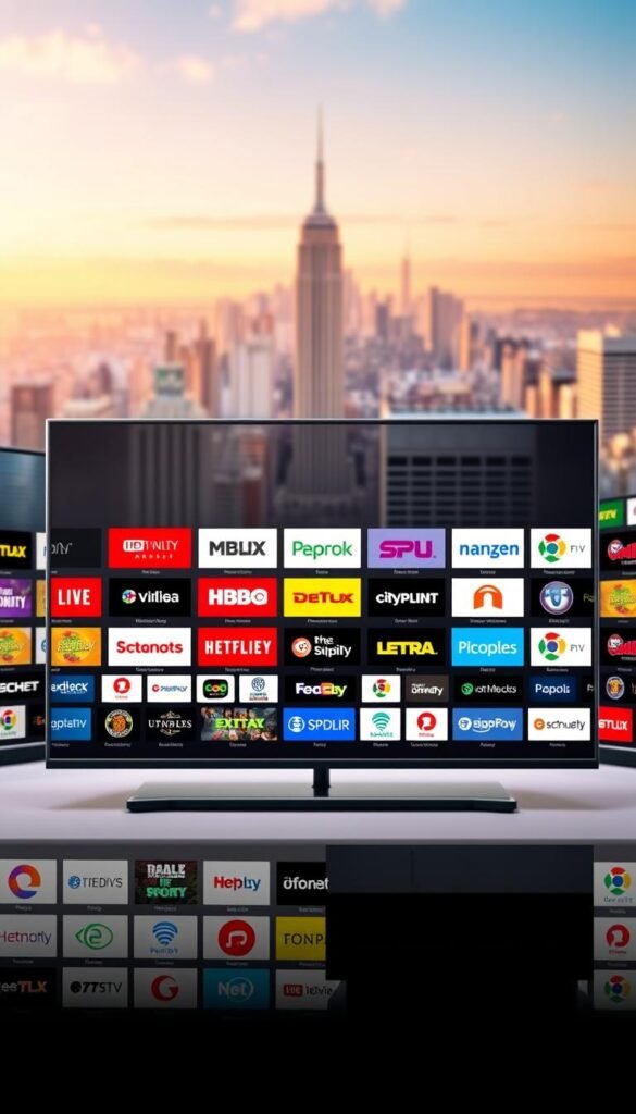 A dynamic and vibrant display of the Hoxtoon Provider IPTV content library, showcasing a vast array of live channels in a seamless and visually captivating manner. The foreground features a grid-like arrangement of channel logos, each crisp and detailed, conveying the sheer breadth of the offerings. The middle ground presents a sleek and modern user interface, hinting at the intuitive and user-friendly experience. In the background, a soft, blurred cityscape sets the scene, evoking a sense of urban sophistication and technological prowess. The overall composition is illuminated by a warm, natural light, creating a welcoming and inviting atmosphere. The image aims to capture the essence of the Hoxtoon Provider IPTV service - a comprehensive and visually stunning content experience.