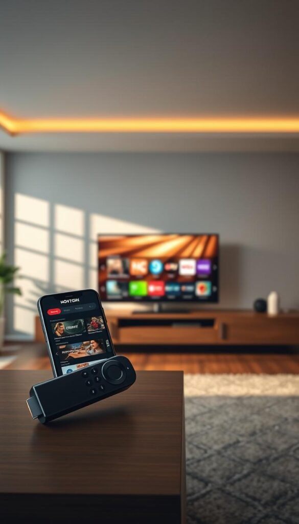 A dynamic and visually captivating image of the Hoxtoon Provider firestick IPTV app. Set against a backdrop of a modern, minimalist living room, the firestick device is prominently displayed on a sleek, wooden media console. The app's user interface is rendered in vivid detail, showcasing its intuitive design and a diverse array of content options. Soft, diffused lighting creates a warm, inviting atmosphere, while the firestick's glowing LED indicator adds a subtle, technological flair. The composition emphasizes the app's seamless integration with the Firestick platform, highlighting its role as a powerful IPTV solution for the modern streaming enthusiast.