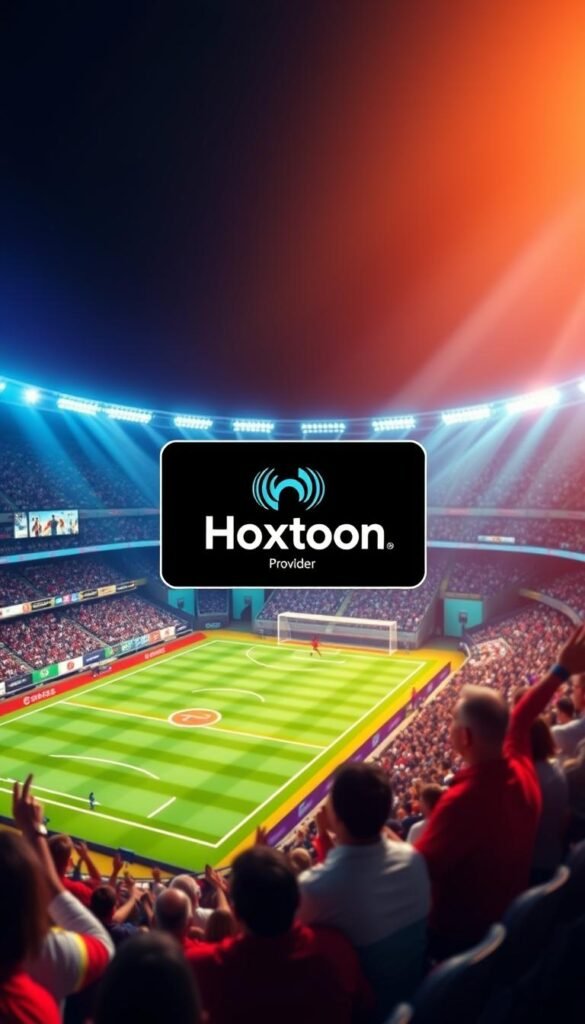 A dynamic and visually striking illustration of the "Best IPTV Sports Channels" showcasing the power and versatility of the Hoxtoon Provider platform. In the foreground, a vivid and captivating display of popular sports channels, meticulously rendered with vibrant colors and sharp details. The middle ground features a sleek and modern Hoxtoon Provider logo, prominently displayed and radiating a sense of authority and reliability. The background is a crisp, clean, and immersive sports-themed environment, with stadium seating, cheering fans, and a lively atmosphere that evokes the thrill of live sports events. The lighting is dramatic, with a warm and energetic glow that illuminates the entire scene, creating a sense of depth and dimension. The overall composition is well-balanced, with a harmonious blend of elements that convey the comprehensive and exceptional IPTV sports experience offered by Hoxtoon Provider.