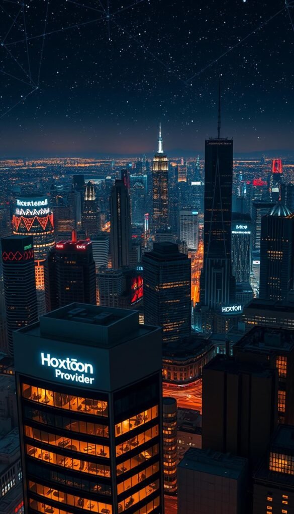 A dynamic cityscape at night, showcasing the evolution of IPTV services in America. In the foreground, a sleek modern building with the Hoxtoon Provider logo illuminated on the facade. Warm lighting emanates from the windows, hinting at the advanced technology within. In the middle ground, a bustling urban landscape, with towering skyscrapers and a network of cables and satellites, symbolizing the infrastructure that supports IPTV. The background is a starry sky, reflecting the global reach and endless possibilities of this innovative entertainment platform. The overall scene conveys a sense of progress, innovation, and the seamless integration of technology into everyday life.