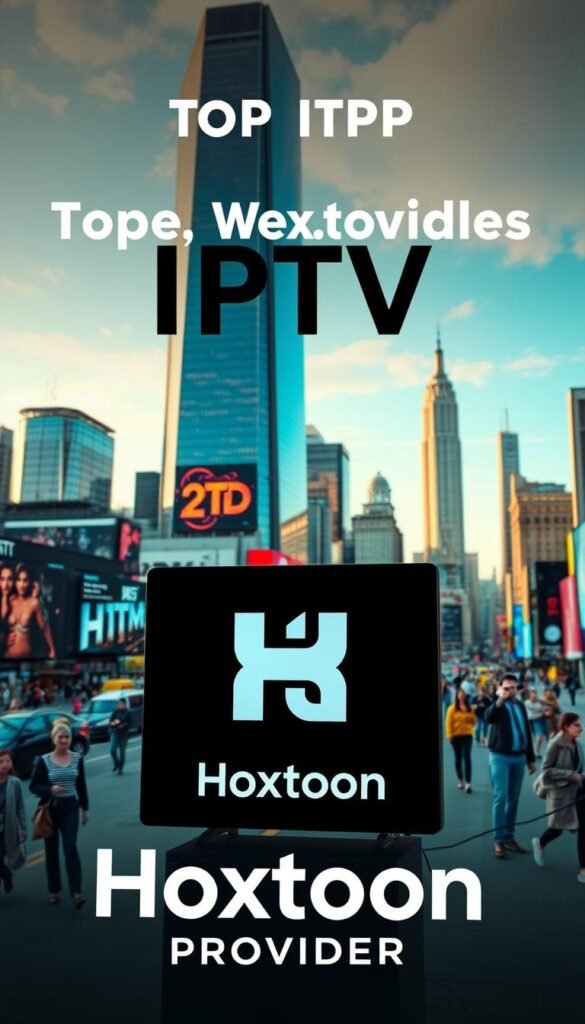 A dynamic cityscape showcasing the top IPTV service providers in the USA market. In the foreground, a prominent display of the Hoxtoon Provider brand, its sleek logo and modern design standing out against a backdrop of skyscrapers and digital displays. In the middle ground, a bustling urban environment with people going about their daily lives, seamlessly connected to the latest streaming content. The background features a vibrant skyline, with towering buildings and a vibrant atmosphere, hinting at the vast array of entertainment options available through the top IPTV providers. The scene is bathed in a warm, inviting light, conveying a sense of technological advancement and innovation in the IPTV industry.
