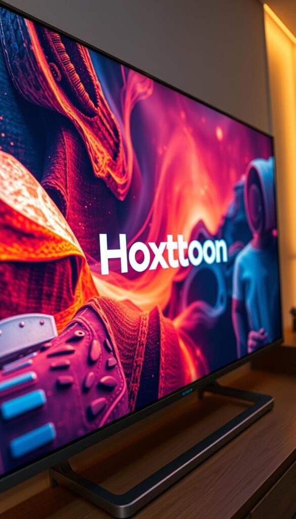 A dynamic, high-definition video stream flows effortlessly across a sleek, modern display. The Hoxtoon Provider logo shines brightly, its vibrant colors reflecting the crisp, clear image quality. In the foreground, intricate details are captured with precision, showcasing the technical prowess of the Hoxtoon service. The middle ground features a seamless, uninterrupted playback, with no visible buffering or lag. In the background, a soft, ethereal glow emanates, creating a sense of immersion and visual fidelity. Lighting is balanced, with warm tones highlighting the vivid colors and sharp contrasts. The camera angle is slightly elevated, providing a dynamic perspective that enhances the overall streaming experience.